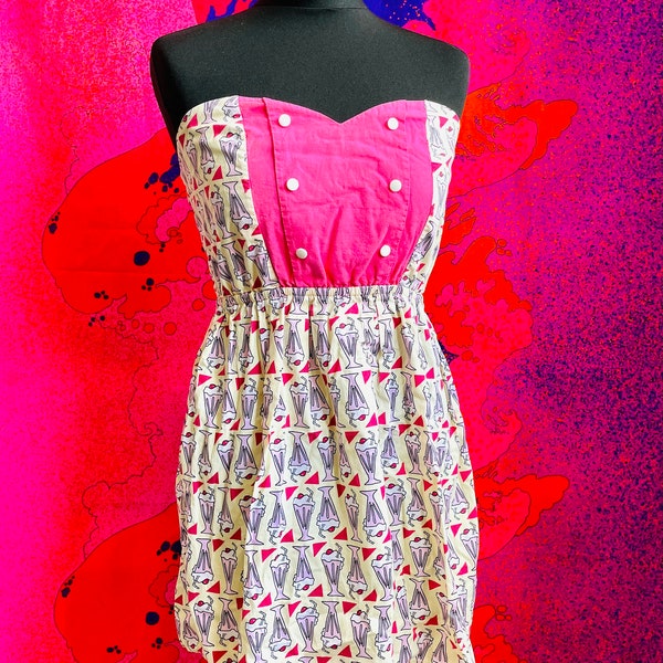 Vintage 1980s Topshop strapless sweetheart cocktail dress with geometric milkshake pattern