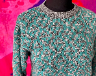 Vintage turquoise & grey geometric grunge knit sweater