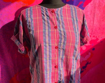 Vintage 1980s pink plaid button up blouse