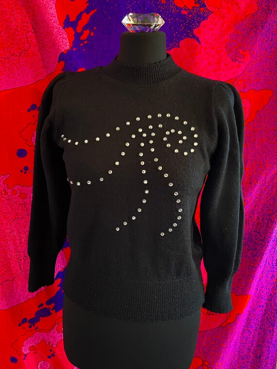 Darling 1960s puff sleeve black jumper with rhine… - image 4