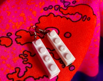 Handmade white Lego-inspired toy drop earrings