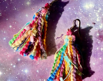 Multicoloured fringe tassel dangle drop earrings