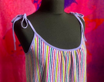 1960s French candy striped vintage flowy summer dress with pockets and adjustable tie straps