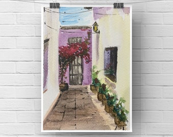 The streets of Vanice, Italy, Original handmade watercolour postcard painting, cityscape, houses flowers creeper in city of love