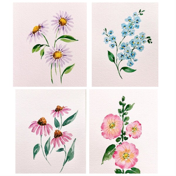 Watercolour painting of flowers, set of 4 postcard artwork of flowers, botanical paintings, handmade original paintings for gifts