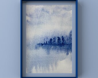 Original loose flowing watercolour paintings/ abstract landscape art works/ monochrome beautiful blue mountains/ACEO 21 by 14 cm