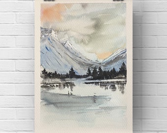 Original watercolour painting of snowy mountains by the sea/ beautiful healing landscapes/ winter snow lake/ Christmas card