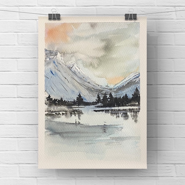 Original watercolour painting of snowy mountains by the sea/ beautiful healing landscapes/ winter snow lake/ Christmas card