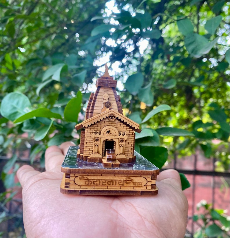 Kedarnath temple wooden miniature, Indian pilgrimage model, lord shiva Adi yogi abode, Hindu religion, wooden model, image 1