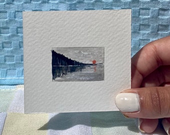 Tiniest landscape painting/ small original artwork of sea trees and reflection/ miniature abstract art/ dollhouse painting