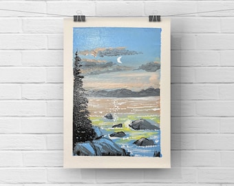 Original handmade acrylic postcard painting on 3*5 inches/ healing landscapes/ moon light on beach sea/ miniature painting cute pastel