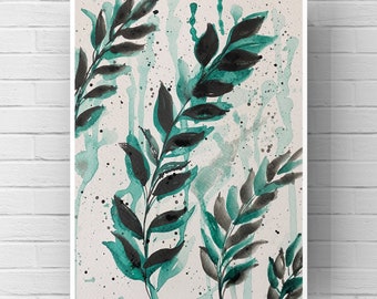 Original handmade watercolour painting of botanical herb/ leaves/ green monochrome/ bright and beautiful painting of A5 size