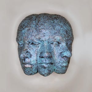 Handmade Triple Face Wall Mask: Oxidized Bronze & Blue Resin Sculpture