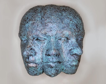 Handmade Triple Face Wall Mask: Oxidized Bronze & Blue Resin Sculpture