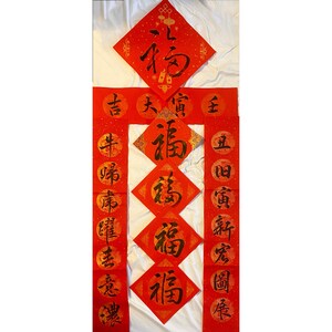 May include: Red and gold Chinese New Year decorations with the character "福" (Fu) meaning "good fortune" or "happiness" written in black calligraphy on each of the five diamond-shaped decorations and on the three vertical banners.