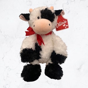 Stuffed Animal Cow with custom name ear tag with name Birthday, Prom, New Baby, Valentine’s Day, Christmas -Free Shipping