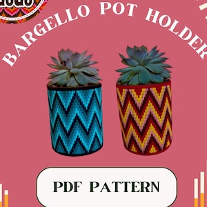 May include: Two succulent plants in colorful geometric patterned pot holders. The pot holders are made using the bargello stitch. The text "Bargello Pot Holder" is written in a white arc above the pots. The text "PDF Pattern" is written in a white rectangle below the pots.