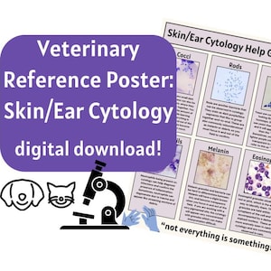 May include: A purple poster with the text "Veterinary Reference Poster: Skin/Ear Cytology digital download!" and a microscope image. The poster also includes images of different types of cells and the text "Skin/Ear Cytology Help Guide" and "not everything is something!"