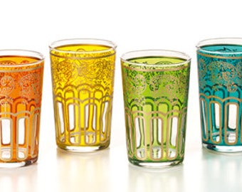 Teegläser, Teeglas Marokko, 6er Set Glas, farbig dekoriert, 6-fach sortiert 0,12 l, Kerzen, Geschenk, Teetasse, Weihnachten,