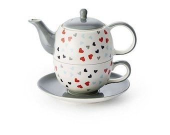 Tea-for-one-Set, Keramik, Handbemalt, 4-teilig Kanne 0,4 l, Tasse 0,2 l, Kanne: H 13 cm, Ø 5,7 Tasse H 6,5 cm, Teeset, Valentinsgeschenk