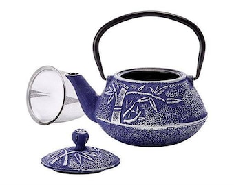 Edel Teekanne aus Gusseisen, blau-silber mit Relief und Edelstahlsieb, 0,75 l, Japan und China, Tee Kanne, Teezubereitung