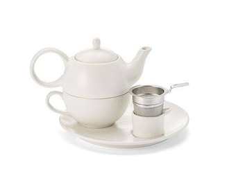 Teeset, Tea for one Set aus Keramik, matt, 5-teilig Kanne 0,4 l, Tasse 0,2 l, Unterteller Ø 21 cm, Teezubereitung