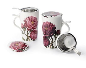 Teetasse aus Porzellan, Kräuterteetasse, Tee Mug 3-teilig mit Edelstahlsieb, Tee Becher, Teeglas, Teebecher, Teeset