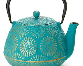 Teekanne aus Gusseisen, türkis gold mit  Edelstahlsieb, 1,0  l, H 13,5 cm, Ø 7,5 cm, Tee Kanne, Japan - China, Teezubereitung