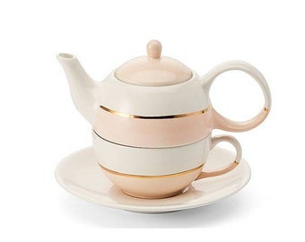 Teeset, Tea for one Set rosa, Keramik mit Goldauflage 4teilig, Kanne 0.4 l, Tasse 0,2 l, Teeservice, Handbemalt, Teekanne, Teetasse