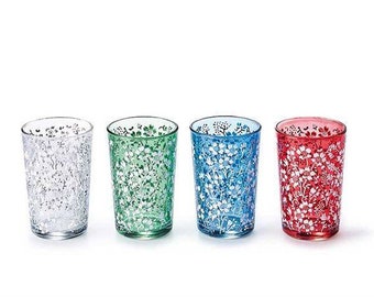 Teegläser Marokko Style, 4er Set Glas, farbig dekoriert, 4-fach sortiert 0,2 l, Becher, Geschenk, Teetasse, Stil Marokkanisches Tee-Set