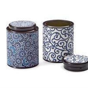 Storage tin, 100 g, tinplate, round, slip lid refined with Japanese paper (Washi), 2-fold assorted, height 10 cm, Ø 7.5 cm, tea, gift