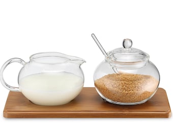 Zucker-/Milch/Sahne Set Glas mit Bambustablett, hochwertiges Zucker-/Milch /Sahne Set mit Bambustablett, Tee, Kaffee