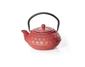 Teekanne aus Gusseisen, rot-gold mit Edelstahlsieb,  0,5 l, Japan und China, Tee Kanne, Teezubereitung