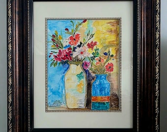 Vibrant Watercolor Floral Painting: Two Vases, Colorful Blooms, Framed Art