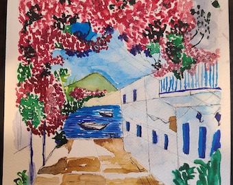 Seaside Village Watercolor Painting