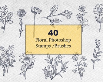 40 Pincéis Florais para Photoshop - Carimbos Botânicos, Arte para Tatuagem (Download Digital)