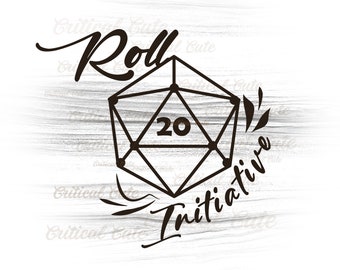 May include: Black and white graphic design of a twenty-sided die with the text "Roll Initiative" around it.