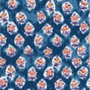 May include: A seamless pattern of stylized floral motifs in shades of orange and white on a deep blue background.