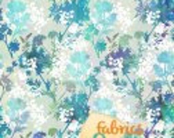 Puede incluir: Tela blanca con un patrón floral azul y verde. Las flores son estilizadas y abstractas, con un efecto acuarela.