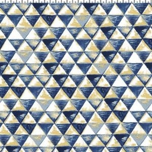 May include: A geometric pattern fabric with blue and gold triangles on a white background.