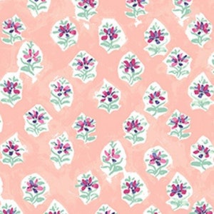 May include: A seamless pattern featuring a repeating design of pink and blue flowers on a peach background.