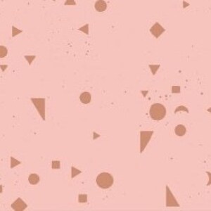 May include: A seamless pattern with a pink background and brown geometric shapes, including circles, triangles, and squares.