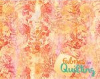Puede incluir: Tela floral abstracta en una gama de colores melocotón, naranja y amarillo. La tela presenta un patrón repetitivo de flores y hojas estilizadas.