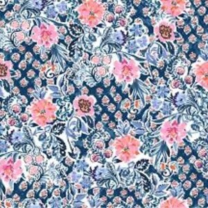 May include: A blue and white floral fabric with a pink and white floral pattern. The fabric has a paisley design and a small white dot pattern.
