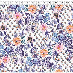 May include: White fabric with a floral pattern featuring pink, orange, blue, and purple flowers. The background is white with a small, scattered floral pattern.