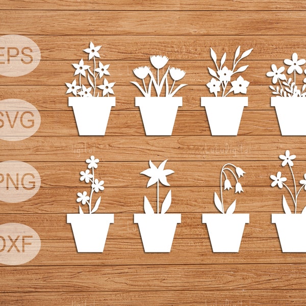 Potted Flower SVG Bundle, Houseplant Svg, Flowers in Pots Svg, Flowers Clip Art Pack, Cut File for Cricut, Silhouette