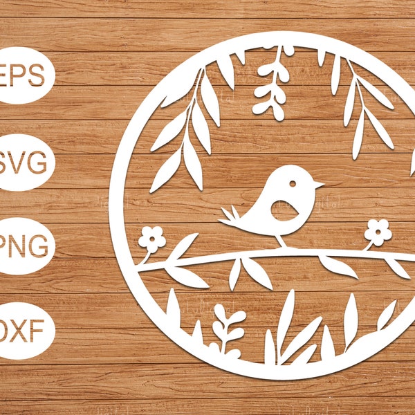 Bird on branch in circle frame/ svg, png, eps, dxf