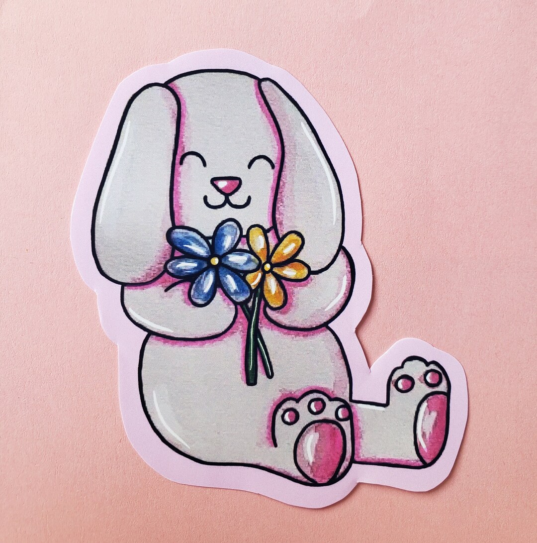 Bunny Holding Flowers Sticker - Etsy