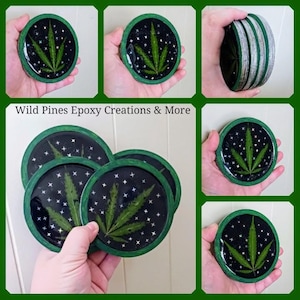 Cosmic Kush Coasters - Marijuana Leaf Resin and Wood Coasters - Pot Leaf Coasters