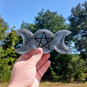 Triple Moon Star Pentagram Pentacle Tray Ring Dish - Silver Glitter